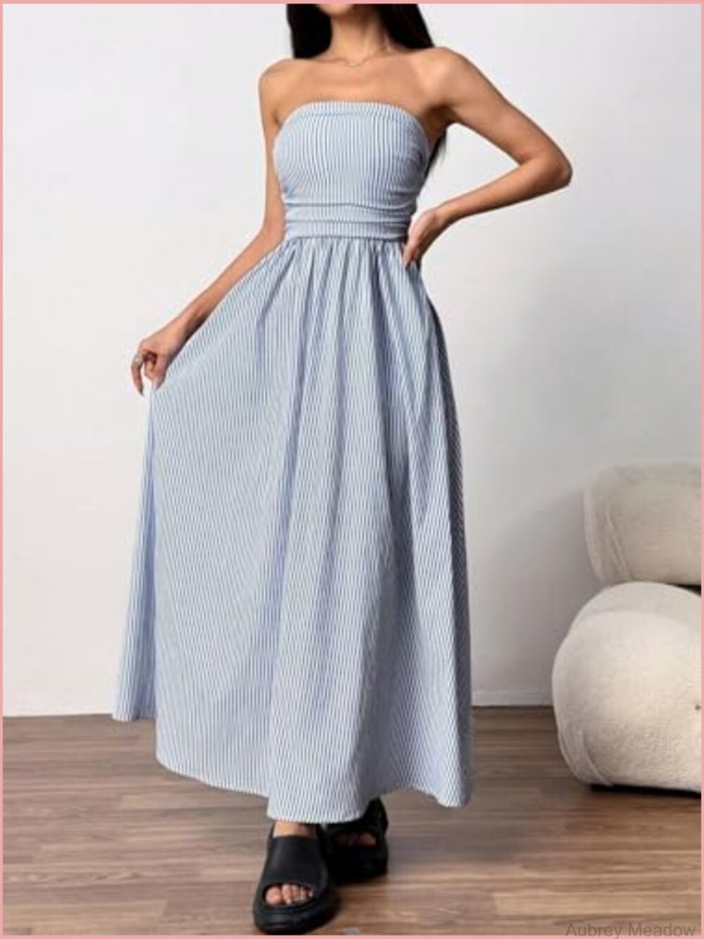 Strapless Tube Maxi Dress Striped Smocked Back A-Line with Pocket - Picture 4 of 5